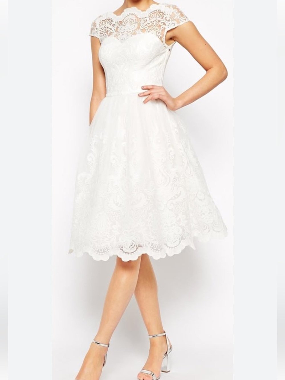 NWT Chi Chi London UK Sz 8 Tea-Length White Bridal Dress Illusion Cap Sleeves